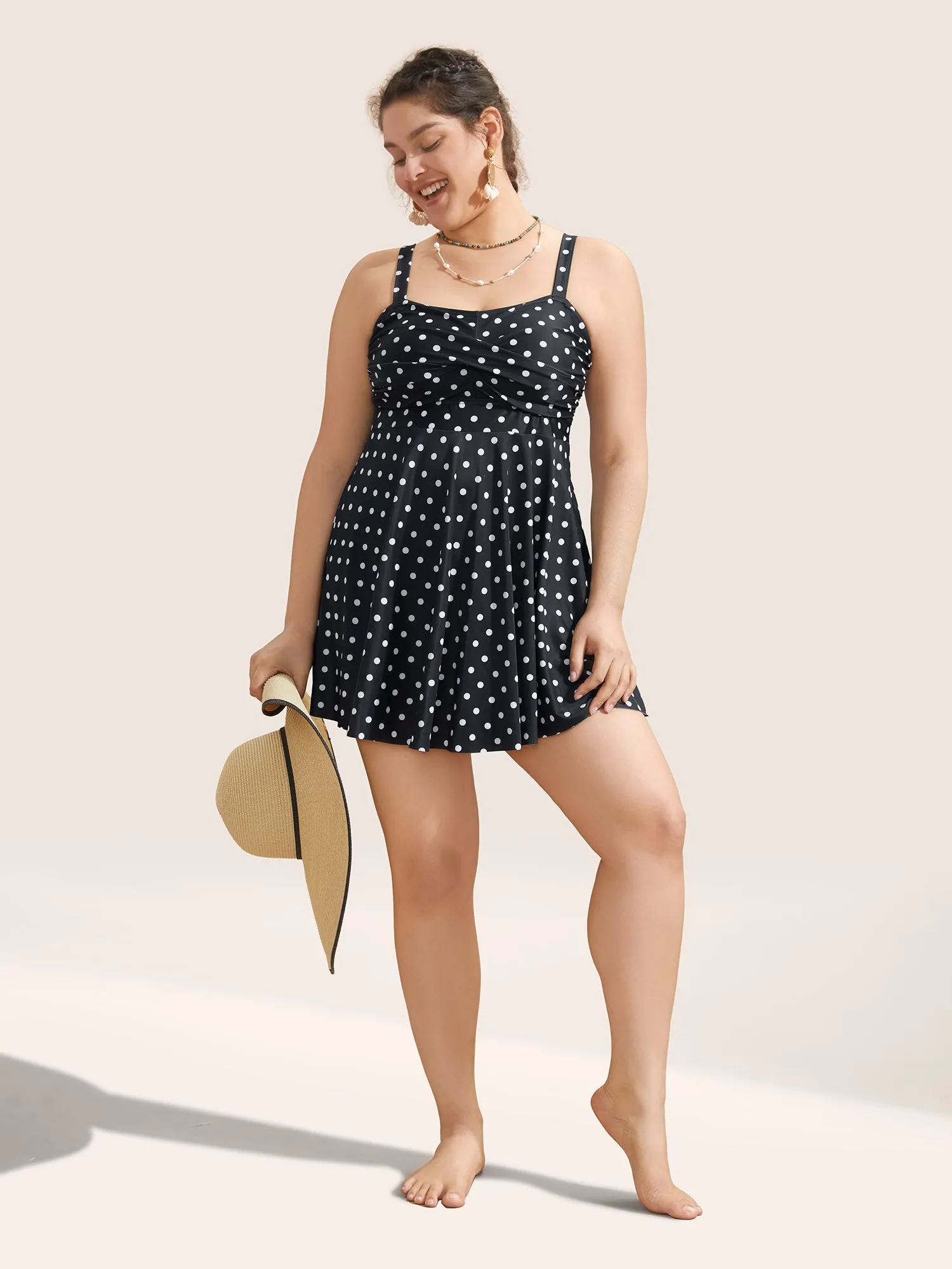 Polka Dot Crossover Ruched Flutter Hem Swim Dress sold by Bloomchic product image thumbnail 2
