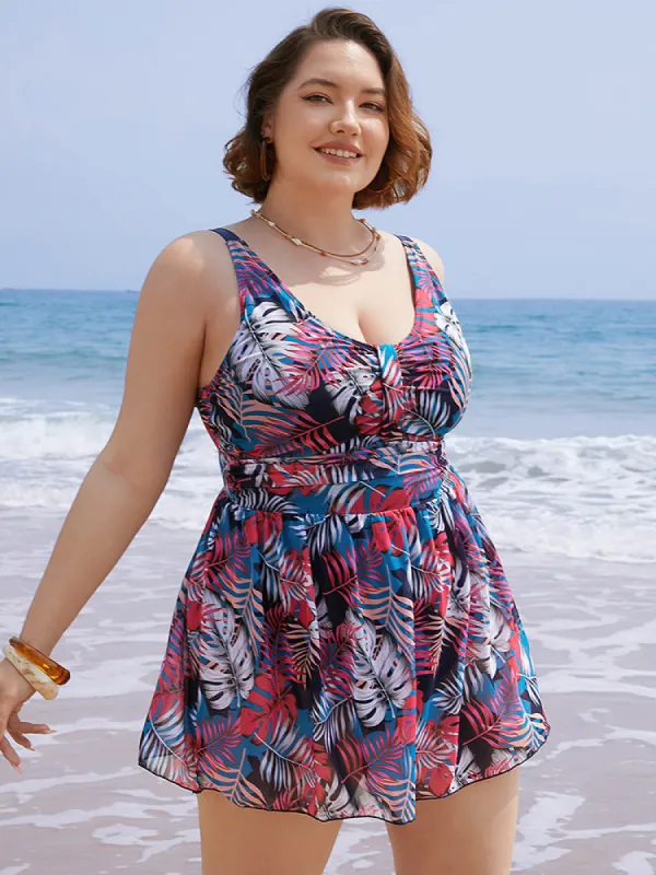 Plant Print Contrast Ruffle Hem A Line Ruched Swim Dress sold by Bloomchic