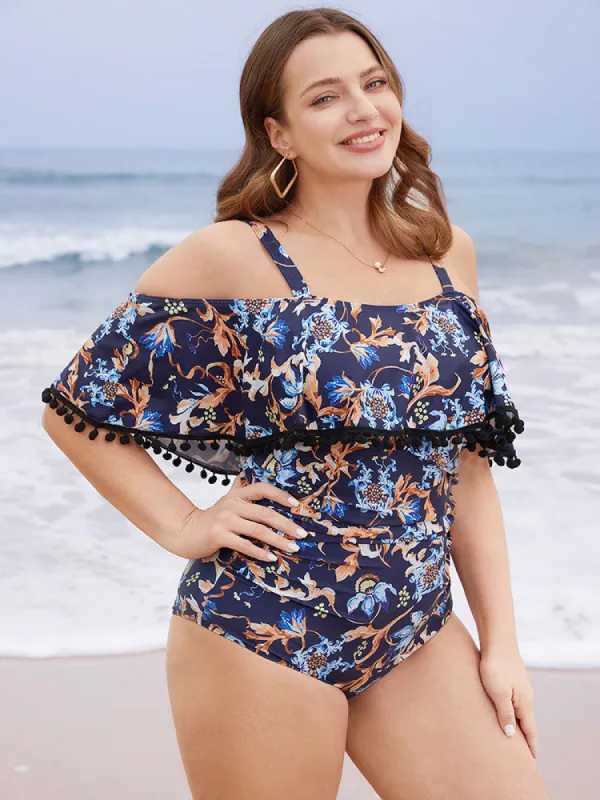 Floral Pompom Trim Cold Shoulder One Piece Swimsuit sold by Bloomchic