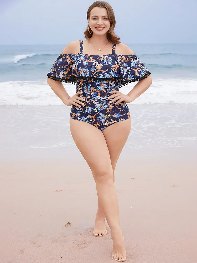 Floral Pompom Trim Cold Shoulder One Piece Swimsuit sold by Bloomchic product image thumbnail 3