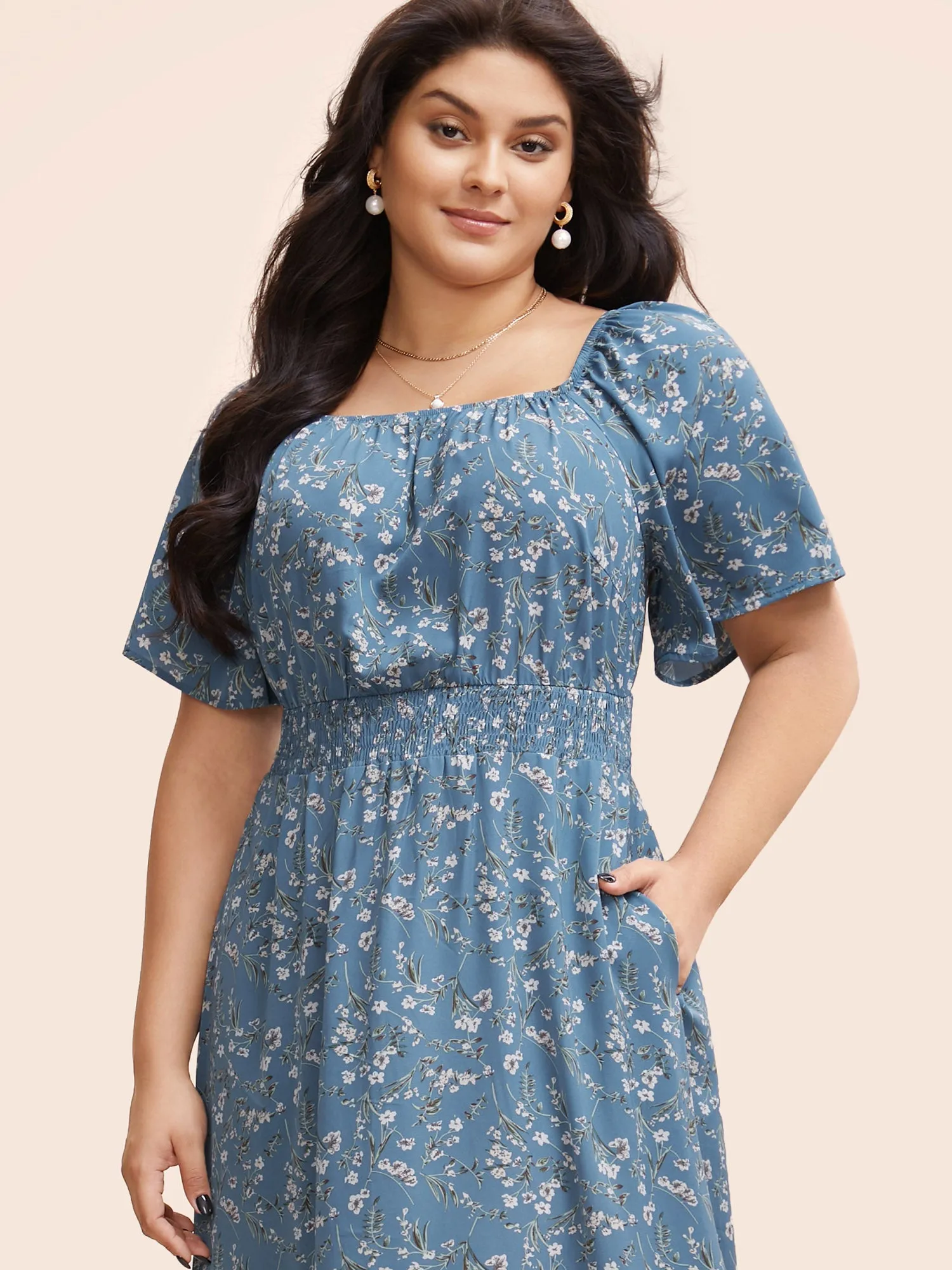 Ditsy Floral Pocket Square Neck Shirred Ruffles Dress sold by Bloomchic product image thumbnail 4