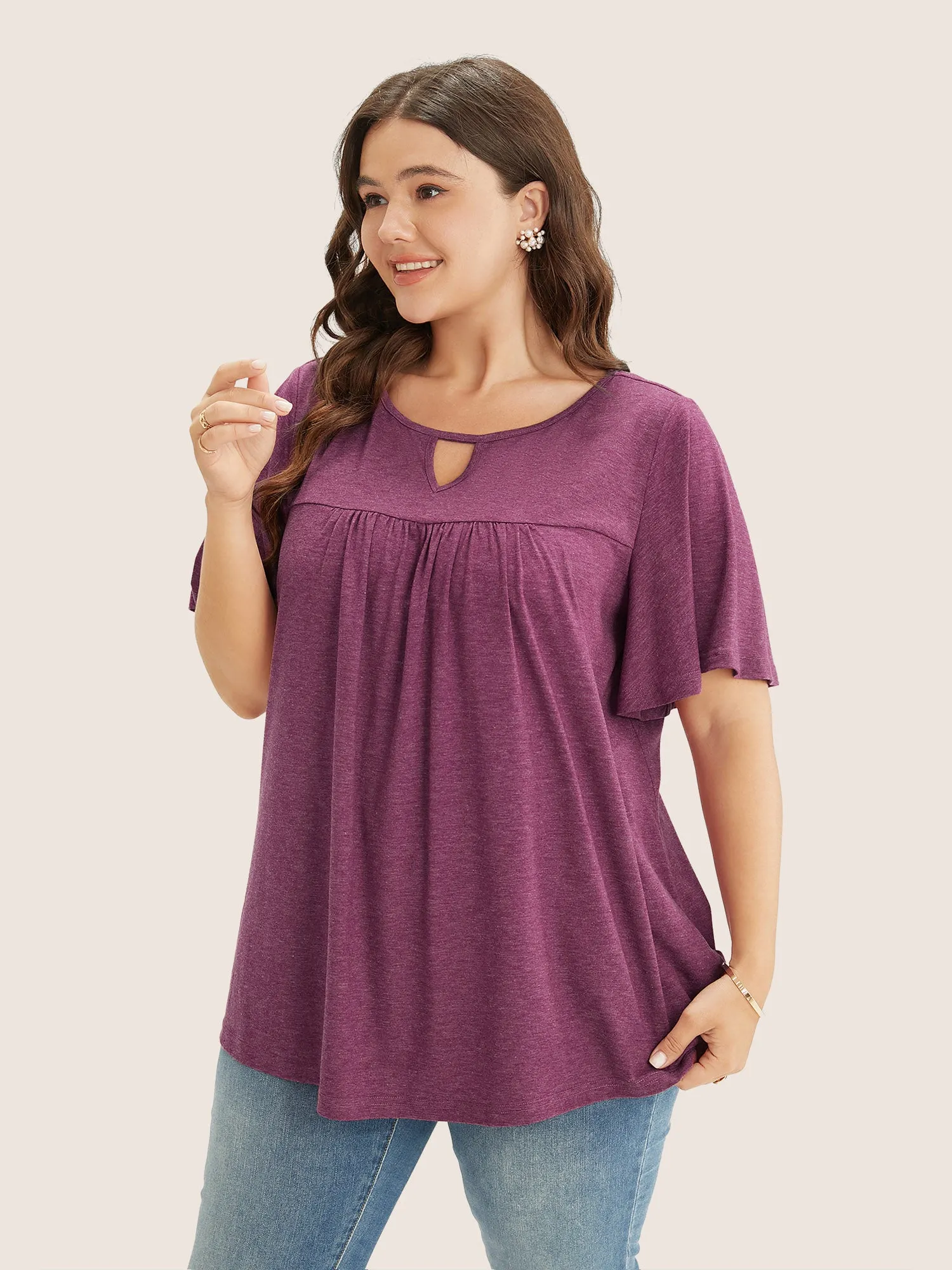 Plain Ruffle Sleeve Keyhole Gathered Crew Neck T-shirt sold by Bloomchic product image thumbnail 3
