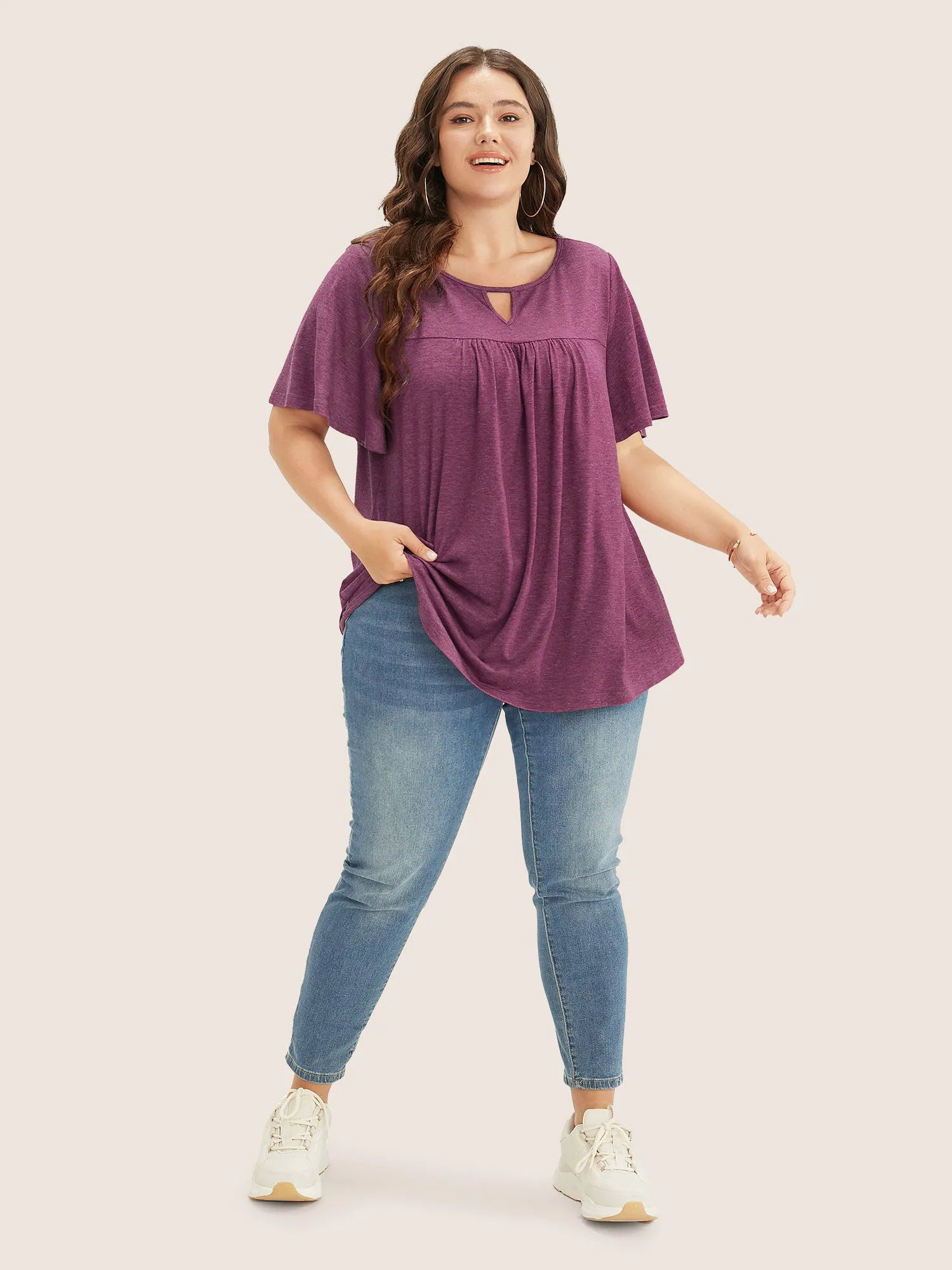 Plain Ruffle Sleeve Keyhole Gathered Crew Neck T-shirt sold by Bloomchic product image thumbnail 2