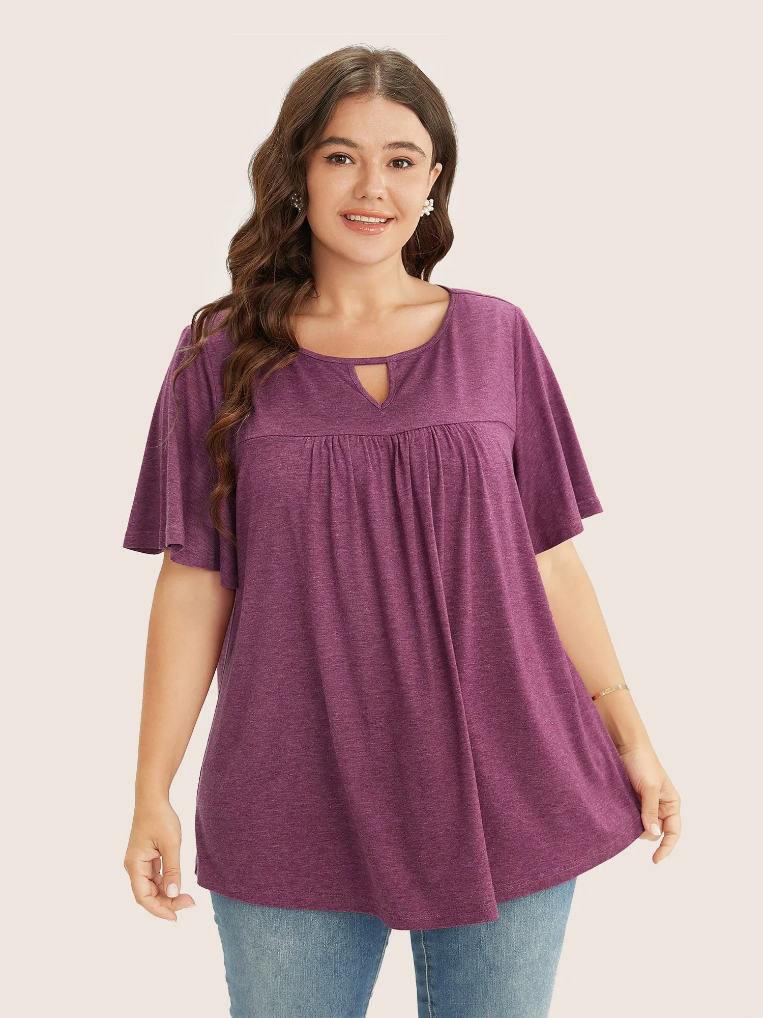Plain Ruffle Sleeve Keyhole Gathered Crew Neck T-shirt sold by Bloomchic