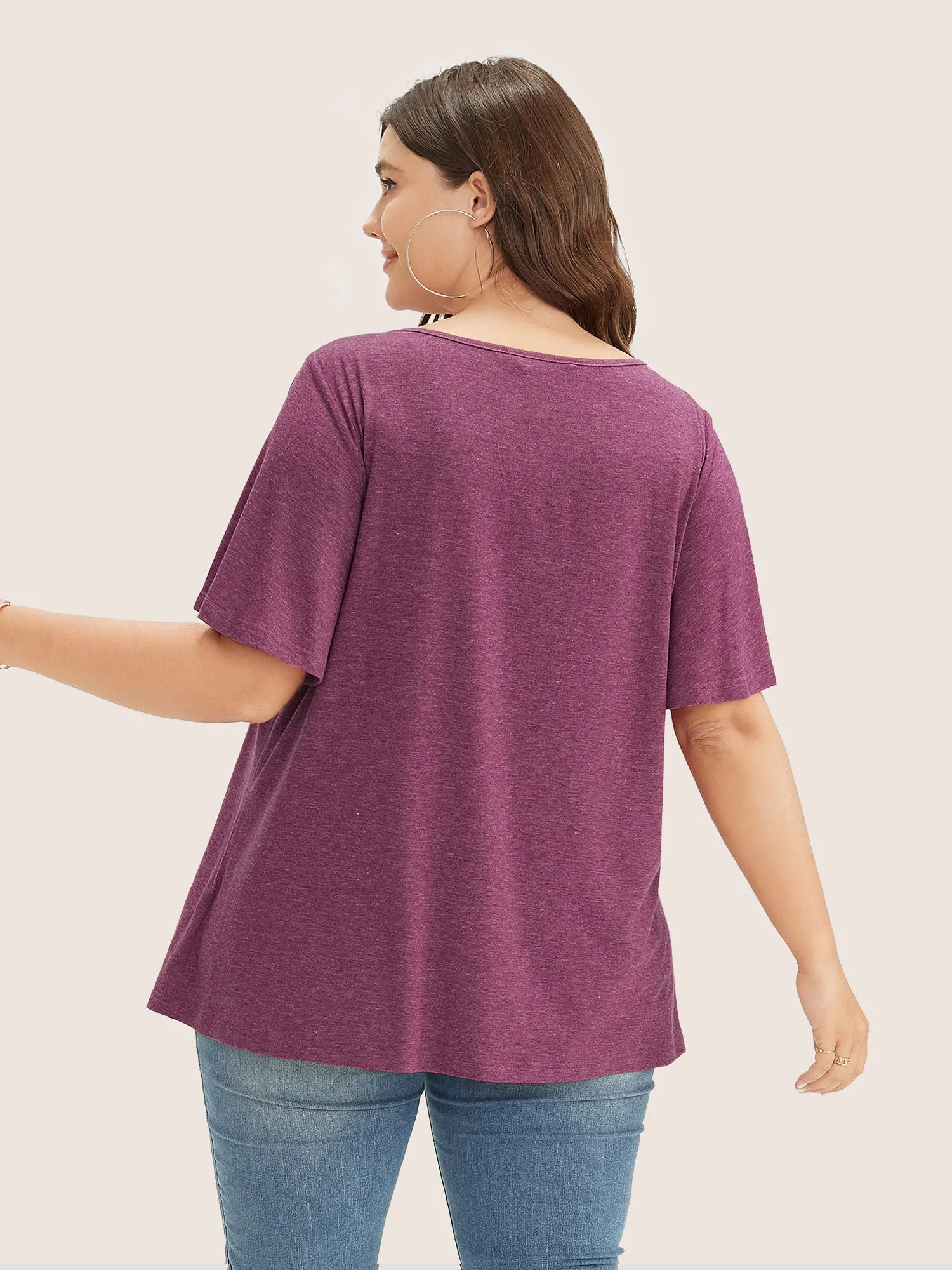 Plain Ruffle Sleeve Keyhole Gathered Crew Neck T-shirt sold by Bloomchic product image thumbnail 4