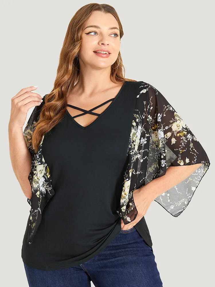 Floral Mesh Dolman Sleeve Crisscross V Neck T-shirt sold by Bloomchic product image thumbnail 5