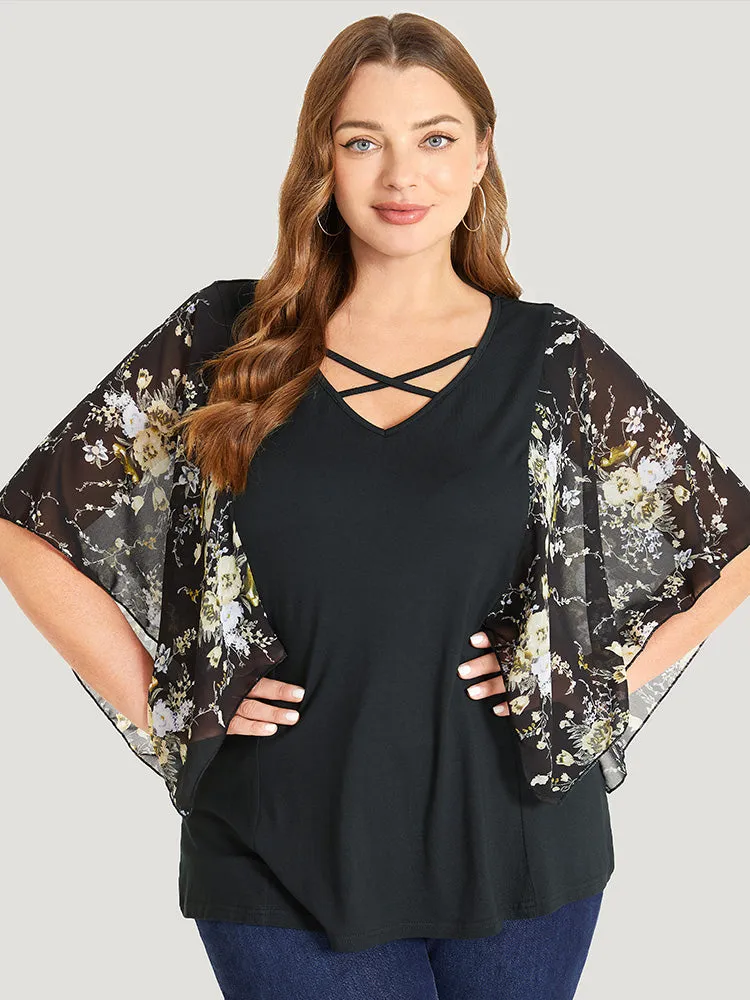 Floral Mesh Dolman Sleeve Crisscross V Neck T-shirt sold by Bloomchic