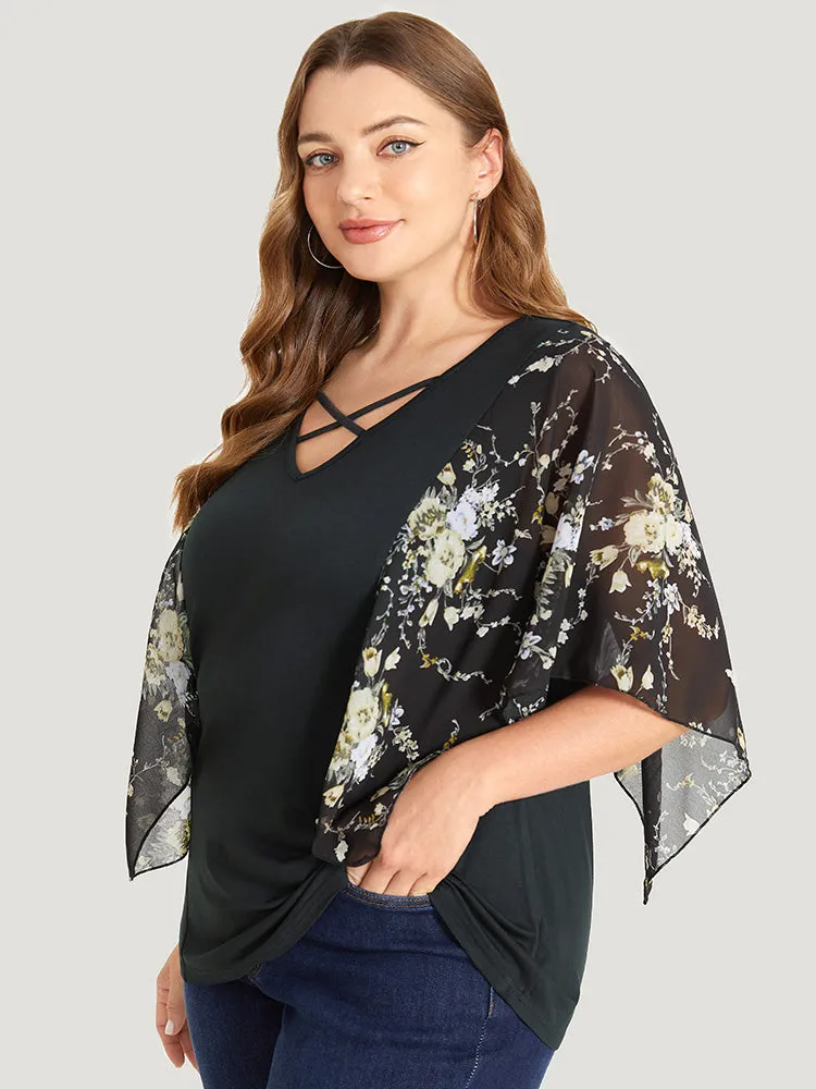 Floral Mesh Dolman Sleeve Crisscross V Neck T-shirt sold by Bloomchic product image thumbnail 4