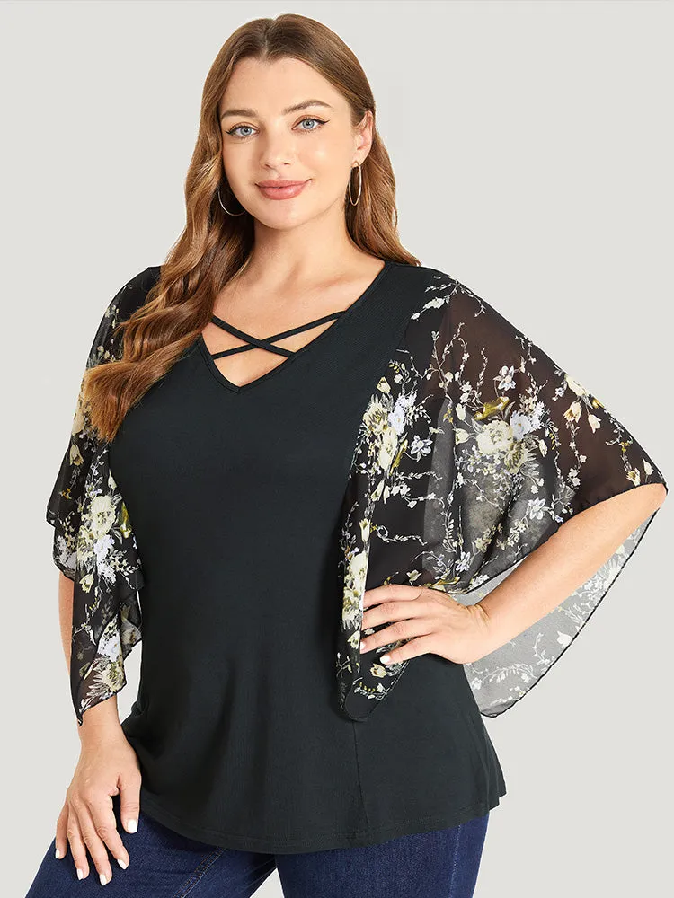Floral Mesh Dolman Sleeve Crisscross V Neck T-shirt sold by Bloomchic product image thumbnail 2