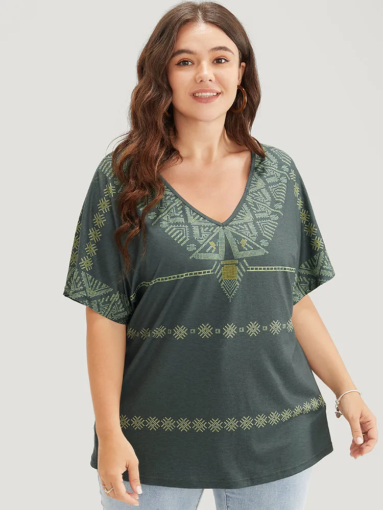Geometric Print Dolman Sleeve V Neck T-shirt sold by Bloomchic product image thumbnail 3