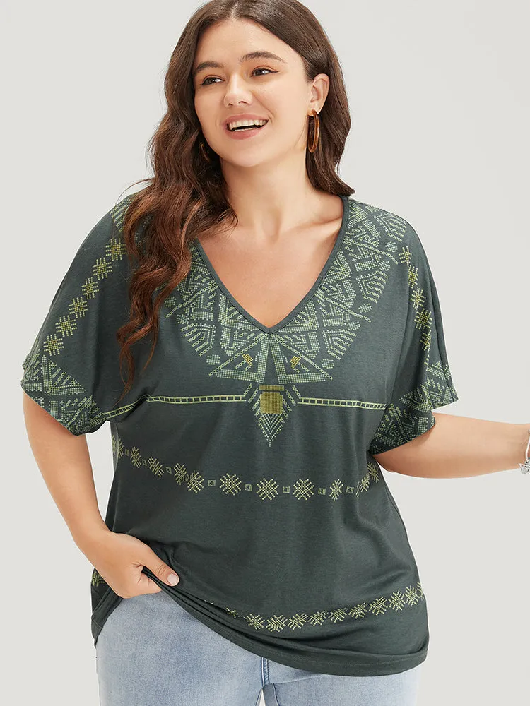 Geometric Print Dolman Sleeve V Neck T-shirt sold by Bloomchic