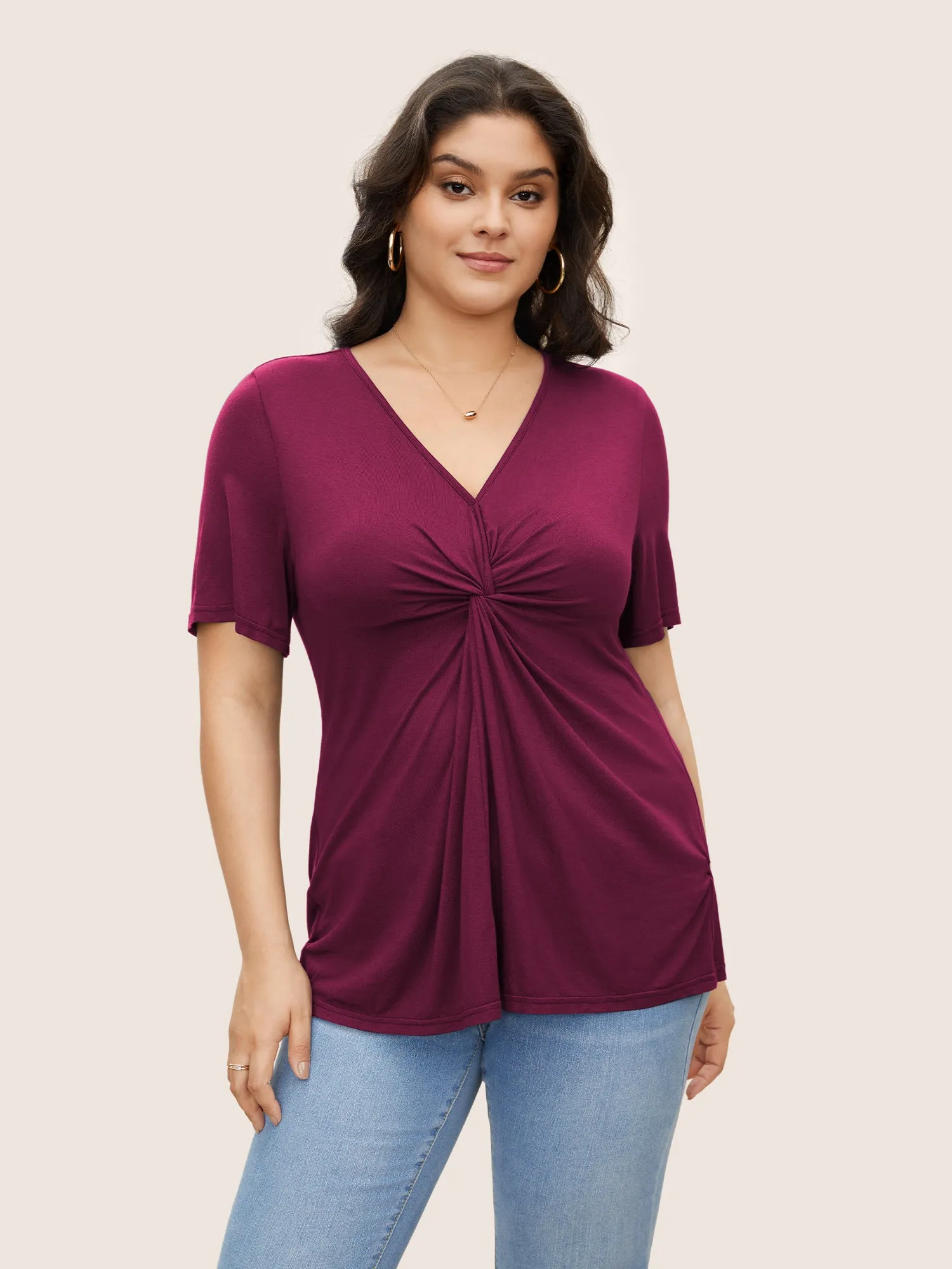 Plain V Neck Twist Front T-shirt sold by Bloomchic