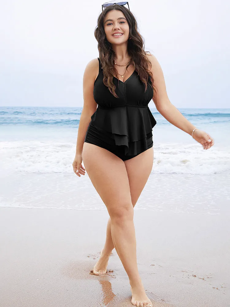 Solid Sculpt Waist Patchwork Ruffle Tiered One Piece Swimsuit sold by Bloomchic product image thumbnail 4