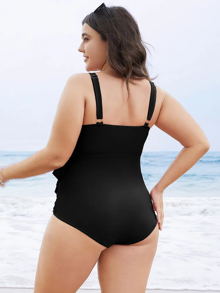 Solid Sculpt Waist Patchwork Ruffle Tiered One Piece Swimsuit sold by Bloomchic product image thumbnail 2