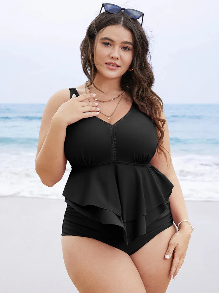 Solid Sculpt Waist Patchwork Ruffle Tiered One Piece Swimsuit sold by Bloomchic