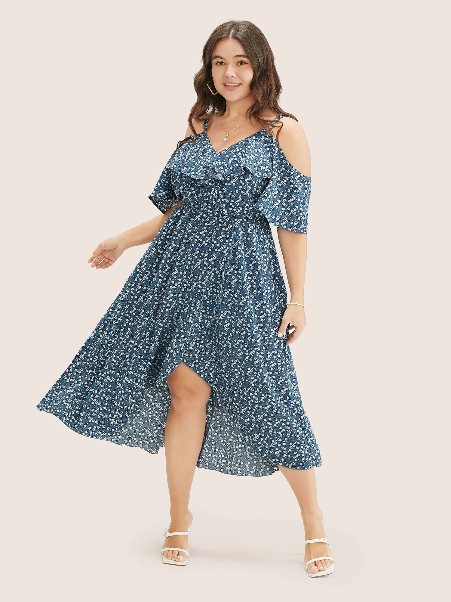 Ditsy Floral Pocket Wrap Cold Shoulder Ruffle Dress sold by Bloomchic product image thumbnail 3
