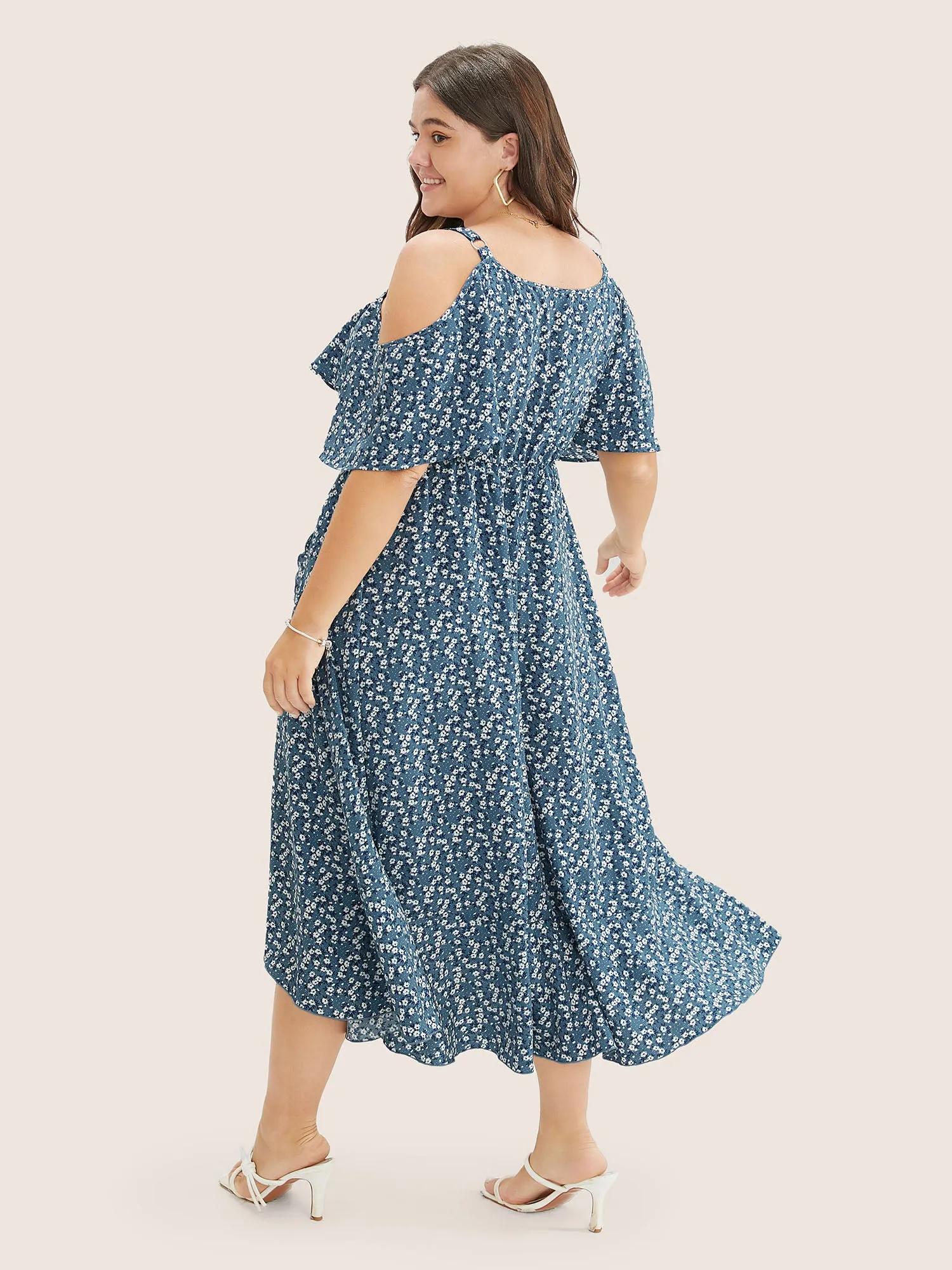 Ditsy Floral Pocket Wrap Cold Shoulder Ruffle Dress sold by Bloomchic product image thumbnail 5