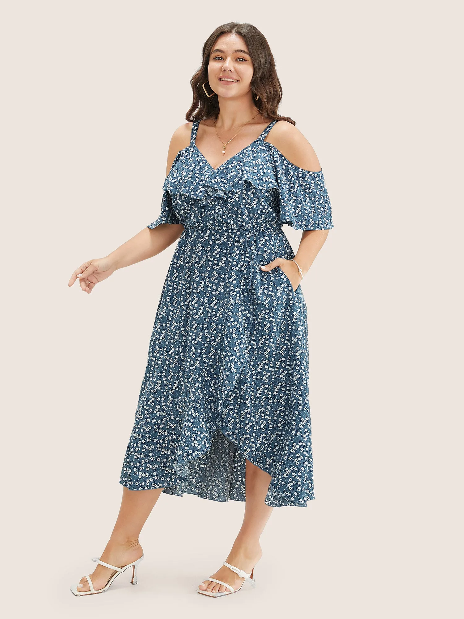 Ditsy Floral Pocket Wrap Cold Shoulder Ruffle Dress sold by Bloomchic product image thumbnail 4