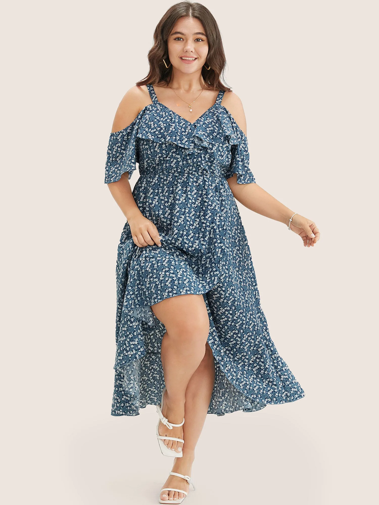 Ditsy Floral Pocket Wrap Cold Shoulder Ruffle Dress sold by Bloomchic