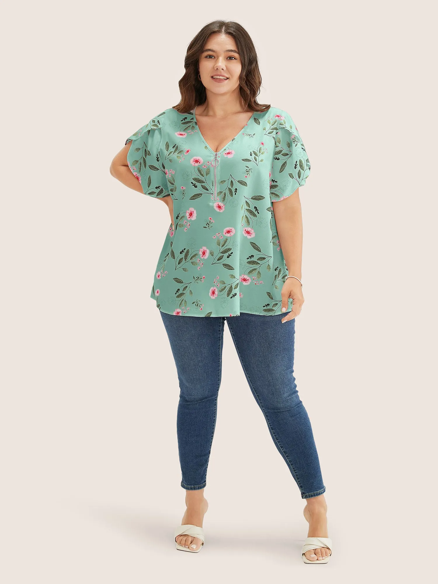 Floral O Ring Zipper Split Petal Sleeve Blouse sold by Bloomchic product image thumbnail 2