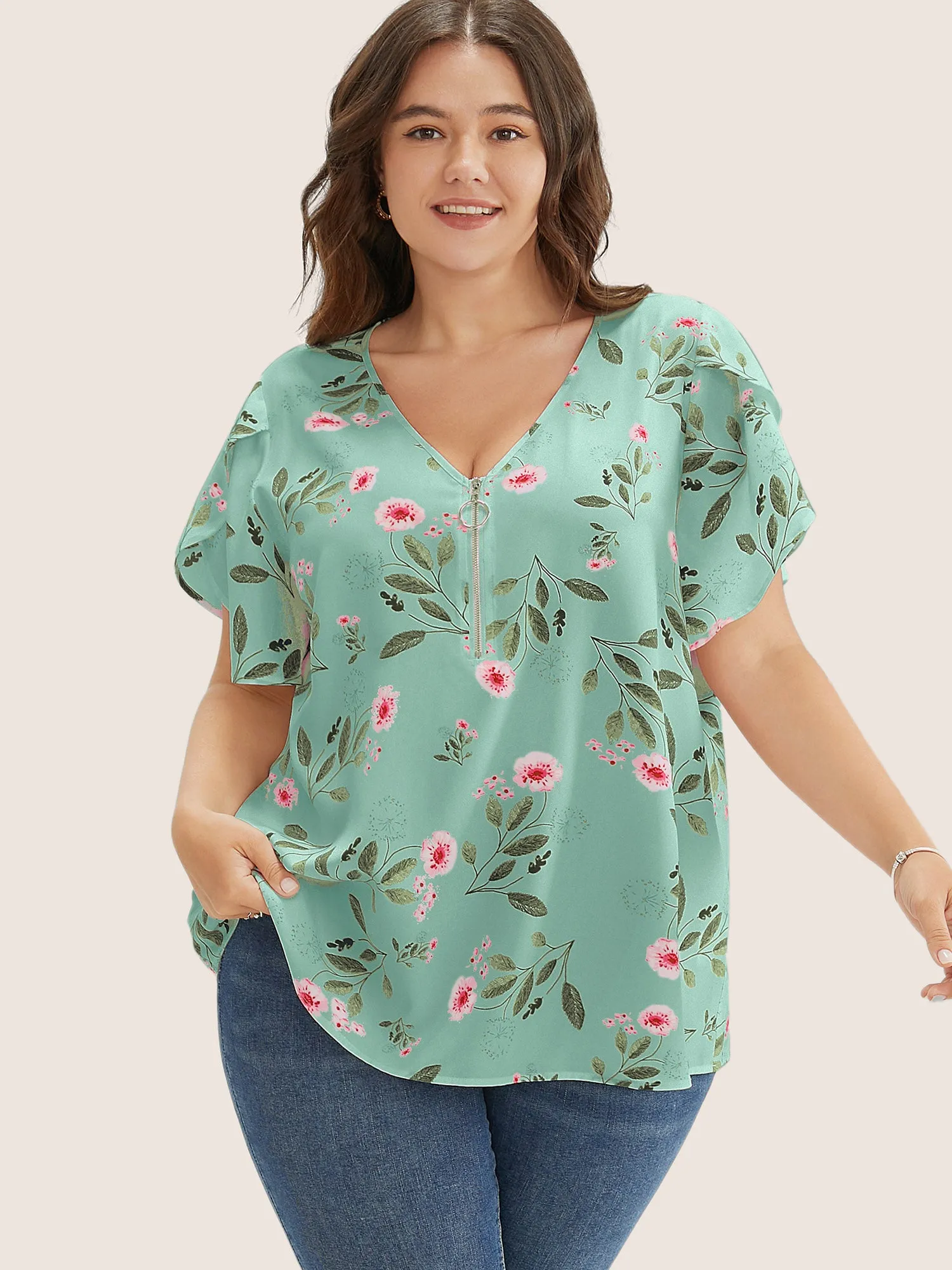 Floral O Ring Zipper Split Petal Sleeve Blouse sold by Bloomchic