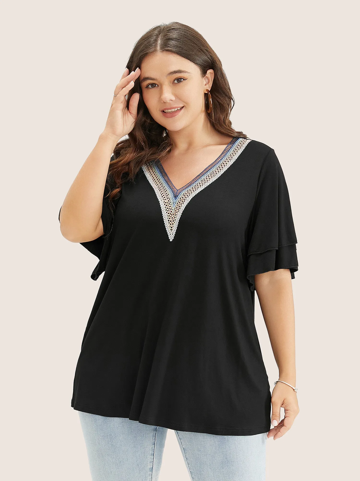 Solid Crochet Lace Ruffle Tiered Sleeve V Neck T-shirt sold by Bloomchic product image thumbnail 5