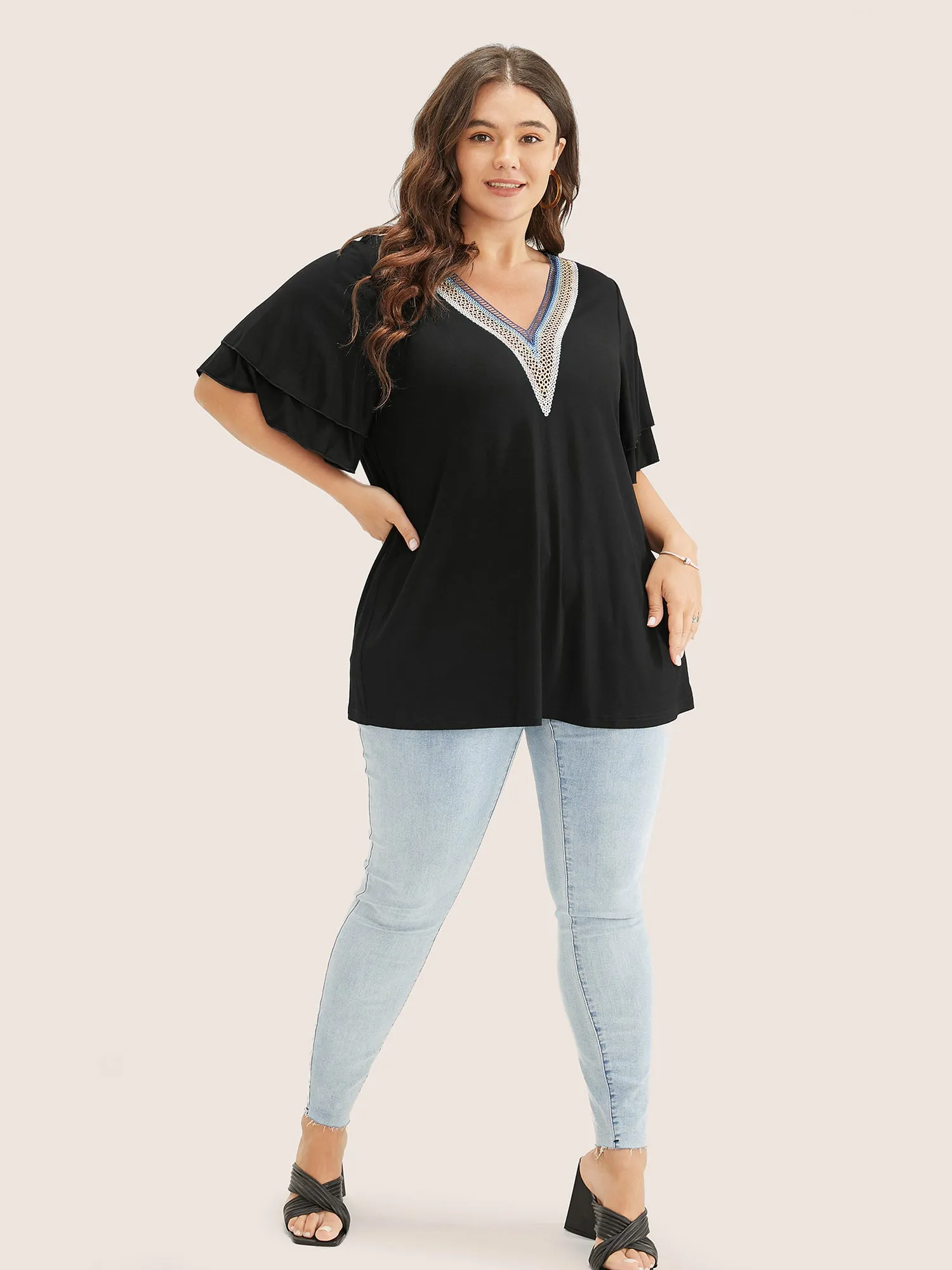 Solid Crochet Lace Ruffle Tiered Sleeve V Neck T-shirt sold by Bloomchic product image thumbnail 2