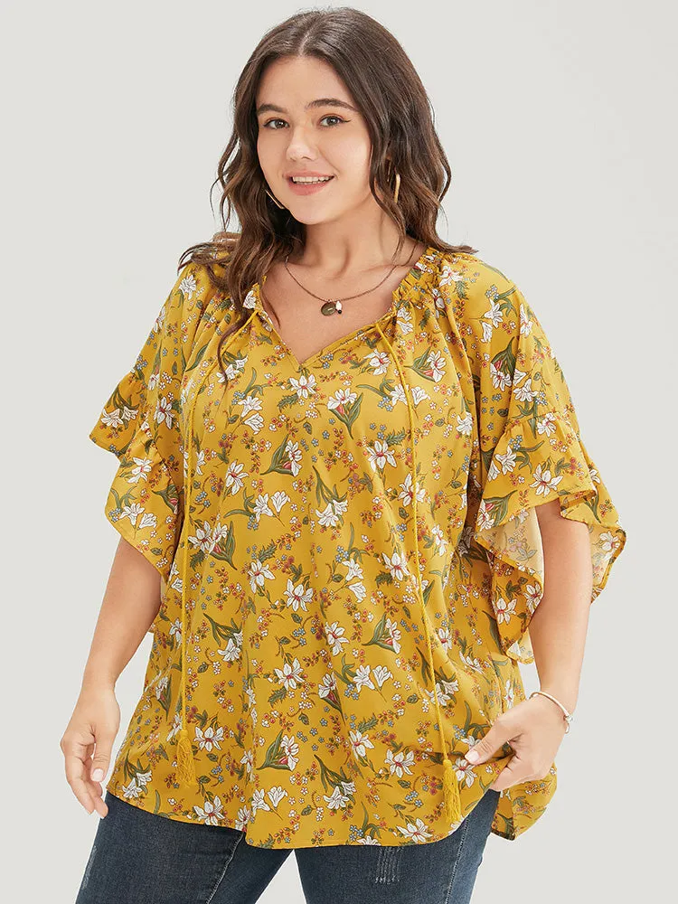 Floral Tie Neck Tassels Frill Trim Ruffle Sleeve Blouse sold by Bloomchic product image thumbnail 3