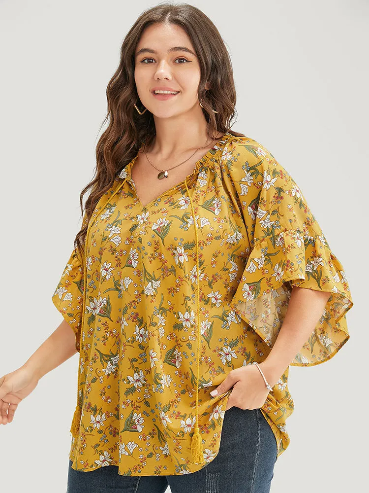 Floral Tie Neck Tassels Frill Trim Ruffle Sleeve Blouse sold by Bloomchic product image thumbnail 4