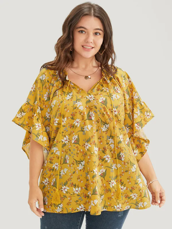 Floral Tie Neck Tassels Frill Trim Ruffle Sleeve Blouse sold by Bloomchic