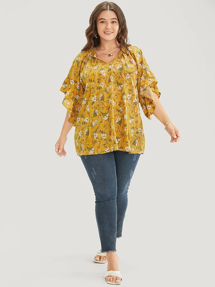 Floral Tie Neck Tassels Frill Trim Ruffle Sleeve Blouse sold by Bloomchic product image thumbnail 5