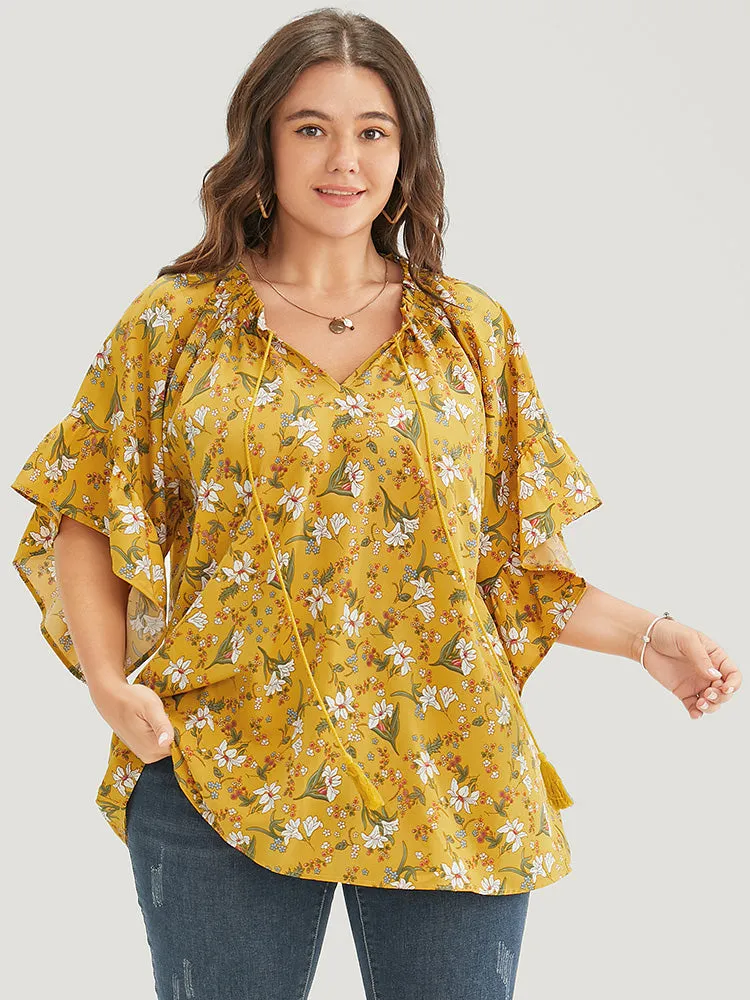 Floral Tie Neck Tassels Frill Trim Ruffle Sleeve Blouse sold by Bloomchic product image thumbnail 2