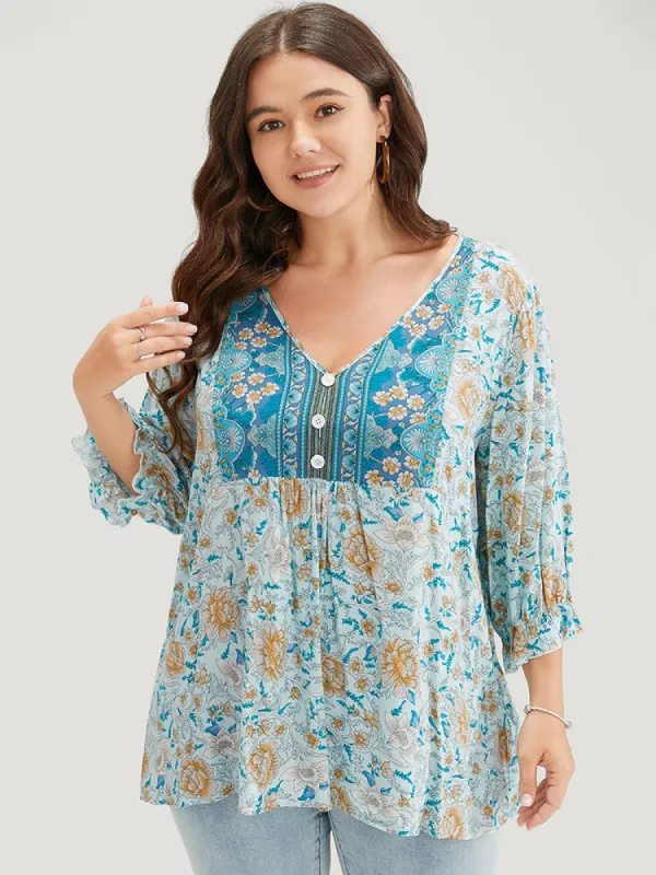 Bandana Print Ruffle Trim Button Detail  Blouse sold by Bloomchic