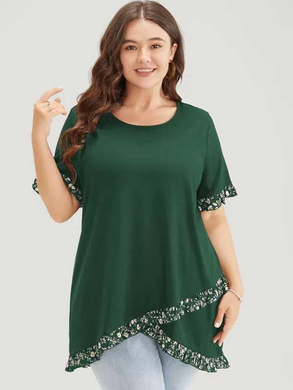 Ditsy Floral Ruffle Trim Asymmetrical Hem T-shirt sold by Bloomchic