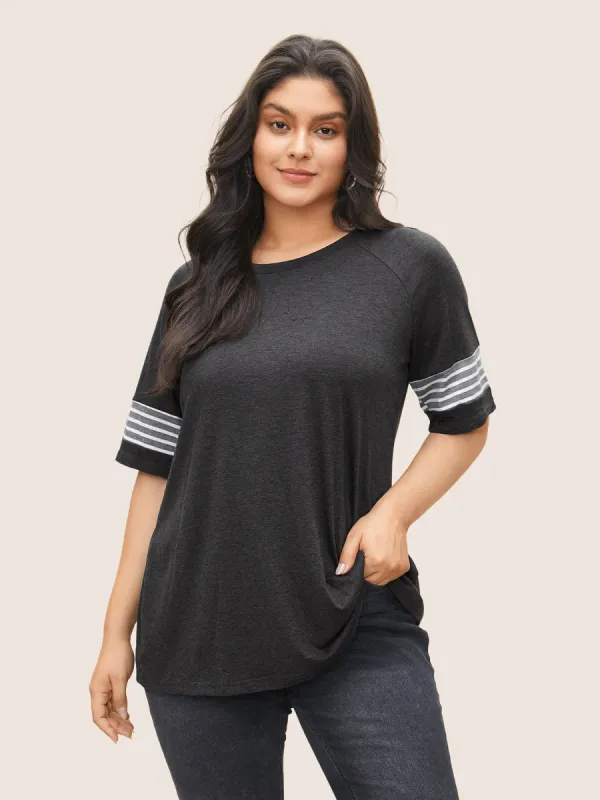Striped Contrast Raglan Sleeve Crew Neck T-shirt sold by Bloomchic