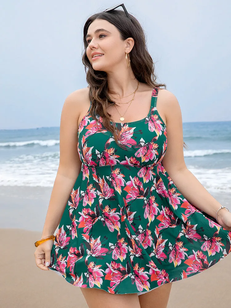 Floral Print A Line Round Neck Ruffle Hem Swim Dress sold by Bloomchic