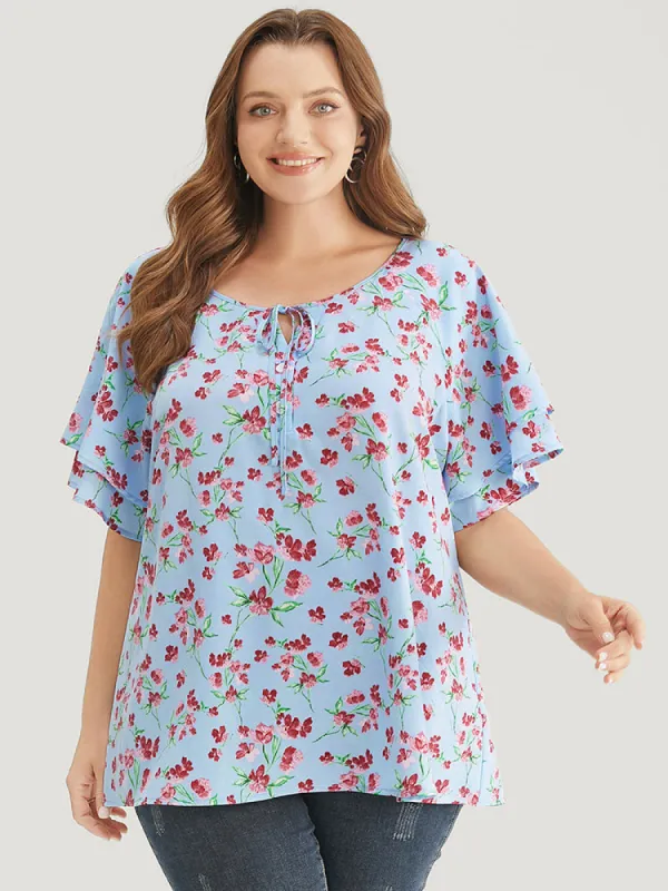 Ditsy Floral Keyhole Knot Neck Tiered Sleeve Blouse sold by Bloomchic
