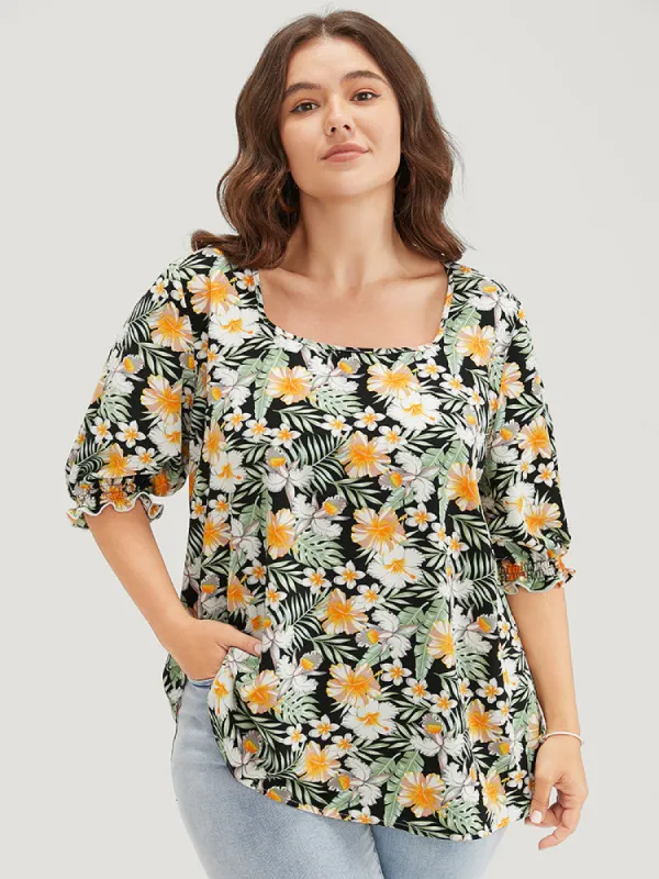 Tropical Print Puff Sleeve Ruffles Trim Square Neck Blouse made by Bloomchic
