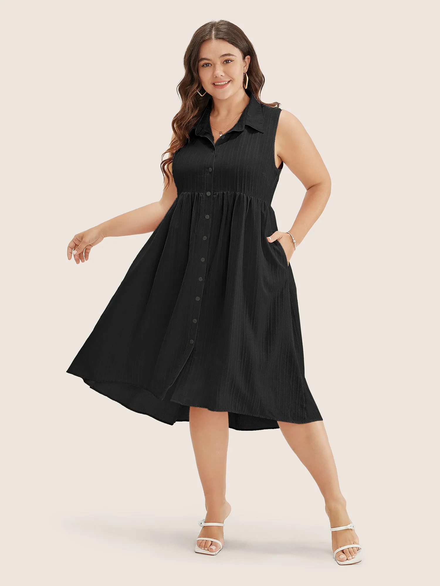 Solid Shirt Collar Ruffle Pocket High Low Hem Button Up Dress sold by Bloomchic product image thumbnail 3