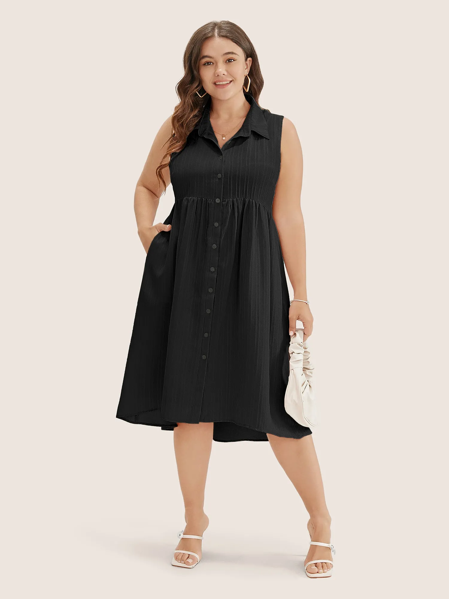 Solid Shirt Collar Ruffle Pocket High Low Hem Button Up Dress sold by Bloomchic