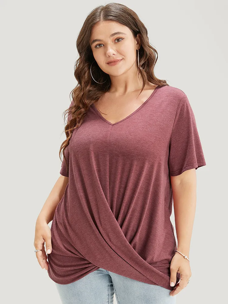 Solid V Neck Twist Hem T-shirt sold by Bloomchic