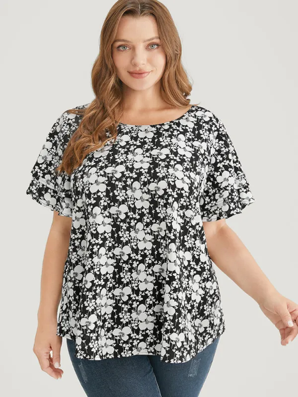 Ditsy Floral Tiered Sleeve Round Neck Ruffle Blouse made by Bloomchic