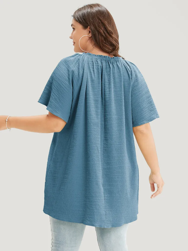 Plain Notched High Low Hem Ruffle Sleeve Frill Trim Blouse sold by Bloomchic product image thumbnail 3