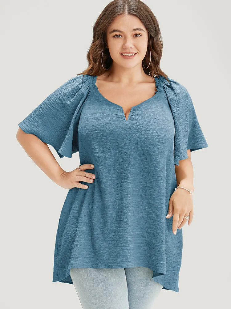 Plain Notched High Low Hem Ruffle Sleeve Frill Trim Blouse sold by Bloomchic