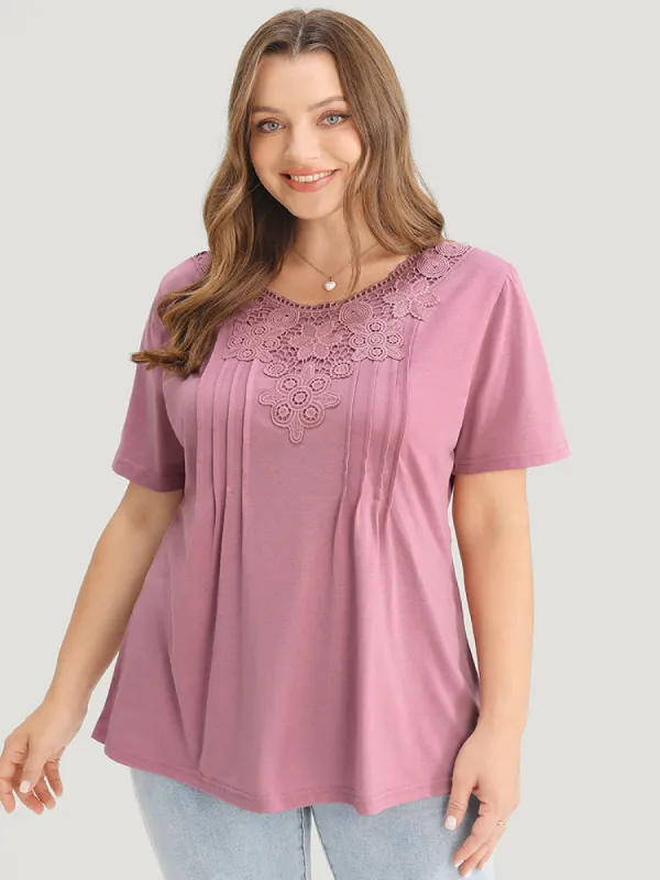 Solid Floral Patchwork Pleated Front T-shirt sold by Bloomchic