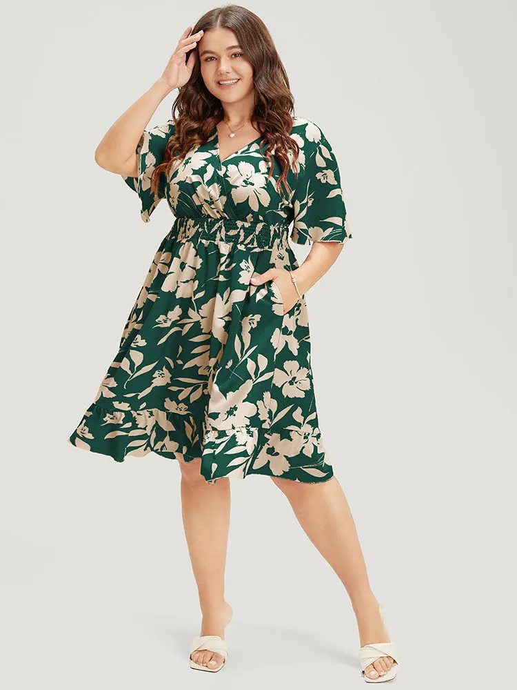 Floral Surplice Neck Flutter Pocket Shirred Knee Dress sold by Bloomchic product image thumbnail 2