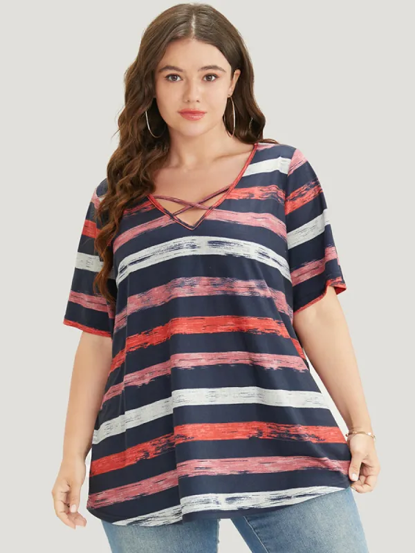 Striped Contrast Crisscross Neck T-shirt sold by Bloomchic