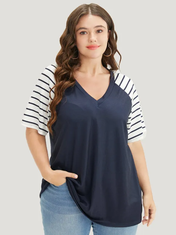 Striped Contrast Raglan Sleeve V Neck T-shirt sold by Bloomchic