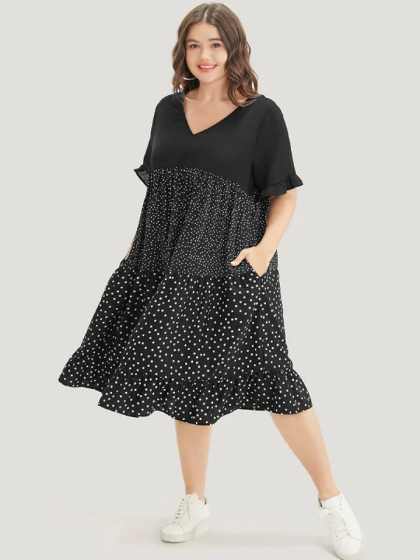 Polka Dot Patchwork Pocket Ruffle Sleeve Knee Dress sold by Bloomchic