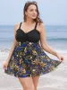 Tropical Print Patchwork A Line Ruched Swim Dress sold by Bloomchic